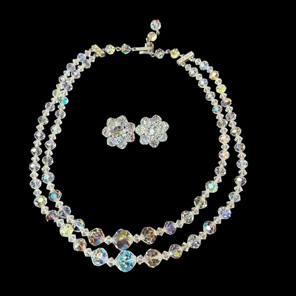 Elco Jewelry - Crystal Aurora Borealis Elco Vintage Double Strand Necklace & Earring Set in Box